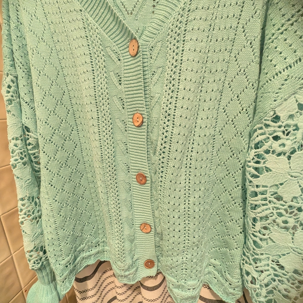🌀🩵🩵 Light Turquoise Women's Sweater~ Crochet And Lace~gorgeous🩵🩵🌀